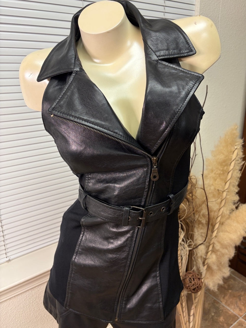 Black Leather Belted Sleeveless Women's Vest